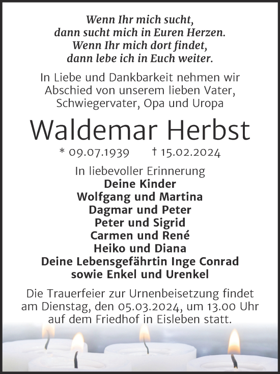 Traueranzeige von Waldemar Herbst von Trauerkombi Mansfelder Land