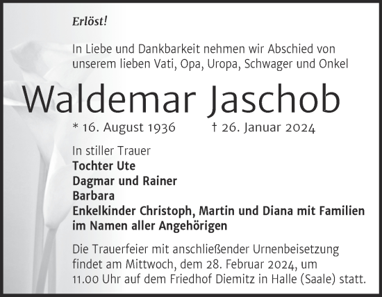 Traueranzeige von Waldemar Jaschob von Mitteldeutsche Zeitung Halle/Saalkreis