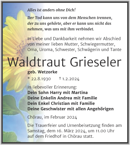 Traueranzeige von Waldtraut Grieseler von Trauerkombi Dessau