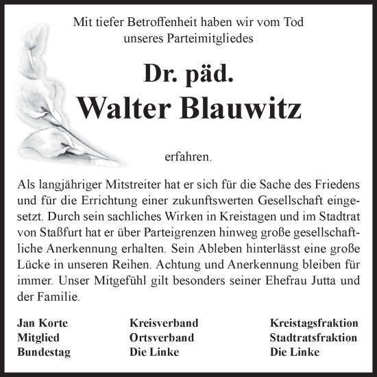 Traueranzeige von Walter Blauwitz von Volksstimme Staßfurt
