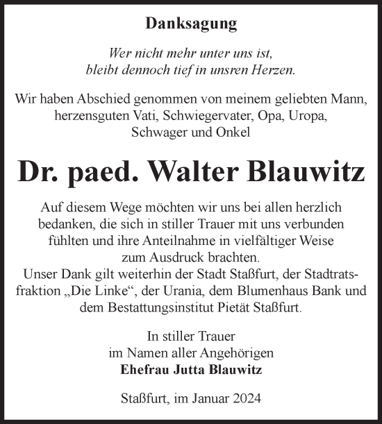 Traueranzeige von Walter Blauwitz von Volksstimme Staßfurt