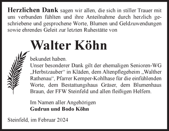 Traueranzeige von Walter Köhn von Volksstimme Altmark Ost