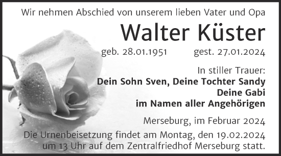 Traueranzeige von Walter Küster von Trauerkombi Merseburg