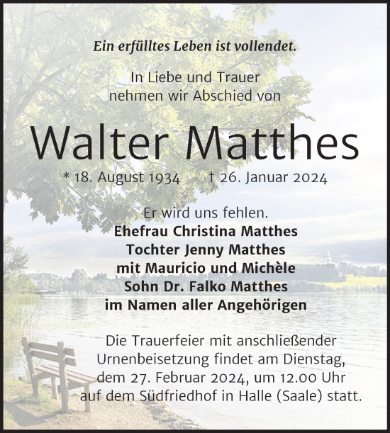 Traueranzeige von Walter Matthes von Mitteldeutsche Zeitung Halle/Saalkreis