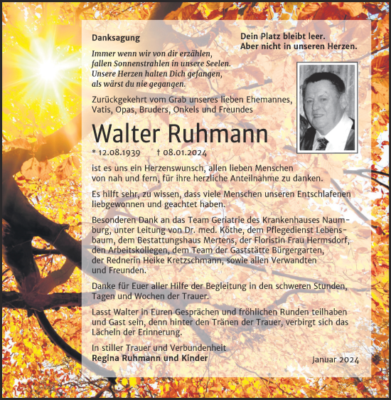 Traueranzeige von Walter Ruhmann von Naumburger Tageblatt