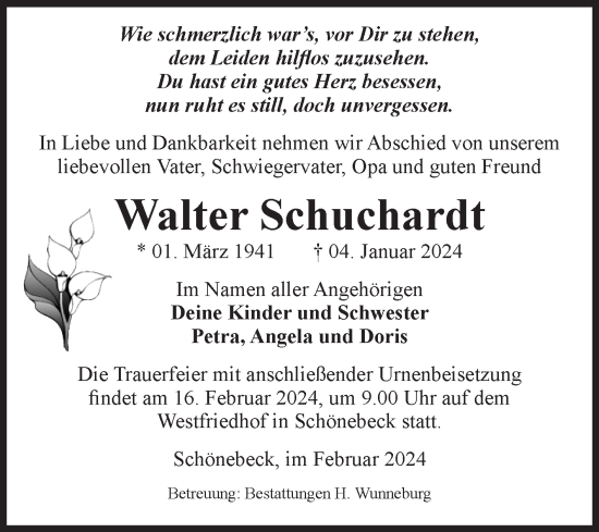Traueranzeige von Walter Schuchardt von Volksstimme Schönebeck