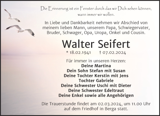 Traueranzeige von Walter Seifert von Trauerkombi Sangerhausen