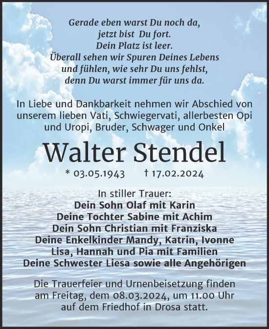 Traueranzeige von Walter Stendel von Trauerkombi Köthen