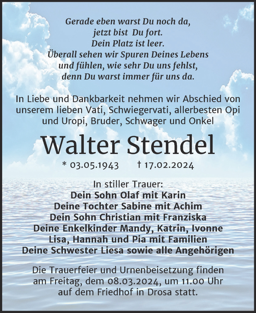  Traueranzeige für Walter Stendel vom 22.02.2024 aus Trauerkombi Köthen