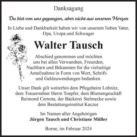 Traueranzeige von Walter Tausch von Volksstimme Staßfurt
