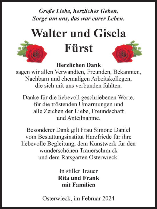 Traueranzeige von Walter und Gisela Fürst von Volksstimme Halberstadt