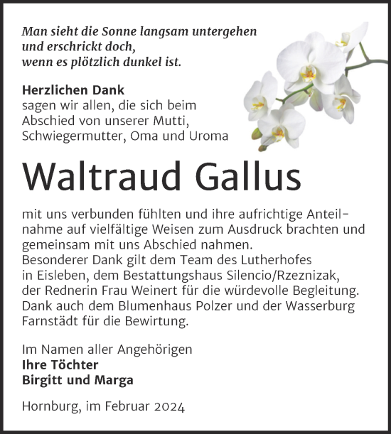 Traueranzeige von Waltraud Gallus von Trauerkombi Merseburg