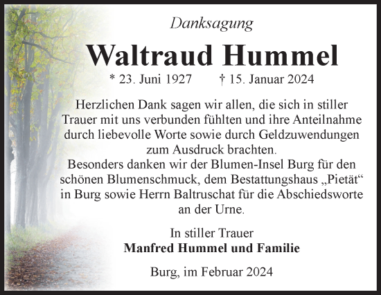 Traueranzeige von Waltraud Hummel von Volksstimme Burg/Genthin