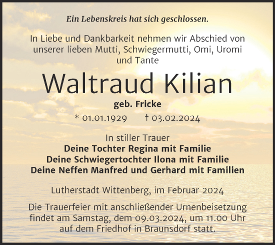 Traueranzeige von Waltraud Kilian von Trauerkombi Wittenberg