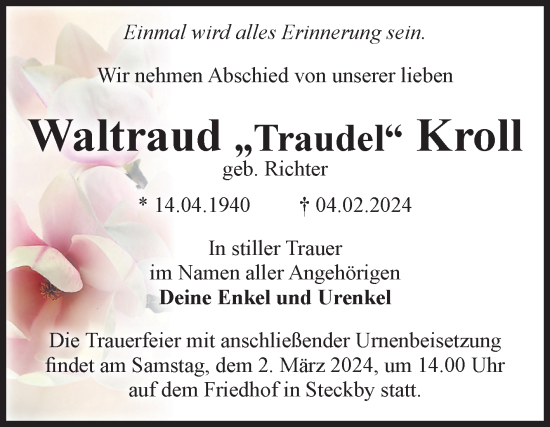 Traueranzeige von Waltraud Kroll von Volksstimme Zerbst