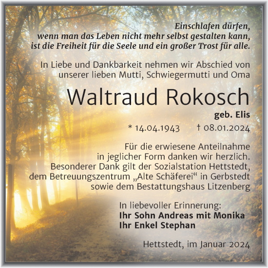 Traueranzeige von Waltraud Rokosch von Trauerkombi Mansfelder Land