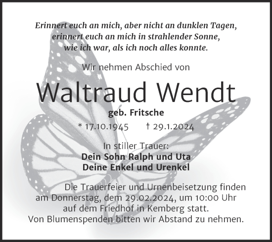 Traueranzeige von Waltraud Wend von Trauerkombi Wittenberg