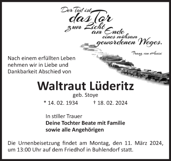 Traueranzeige von Waltraut Lüderitz von Volksstimme Zerbst