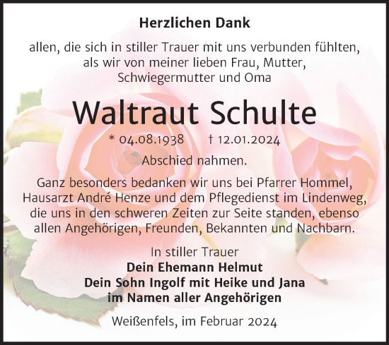 Traueranzeige von Waltraut Schulte von Trauerkombi Weißenfels