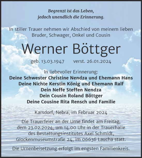 Traueranzeige von Werner Böttger von Super Sonntag Naumburg/Nebra