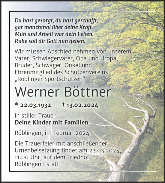 Traueranzeige von Werner Böttner von Trauerkombi Mansfelder Land