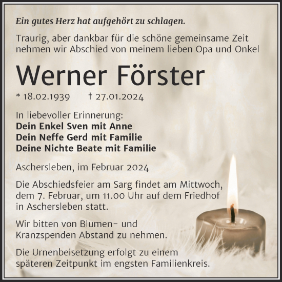 Traueranzeige von Werner Förster von Trauerkombi Aschersleben