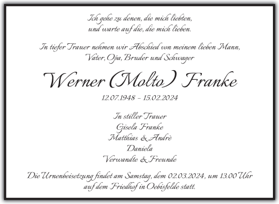 Traueranzeige von Werner Franke von Volksstimme Haldensleben/Wolmirstedt