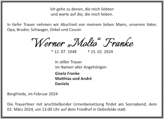 Traueranzeige von Werner Franke von Volksstimme Altmark West