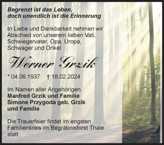 Traueranzeige von Werner Grzik von Volksstimme Halberstadt