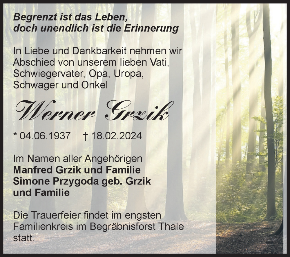  Traueranzeige für Werner Grzik vom 24.02.2024 aus Volksstimme Halberstadt