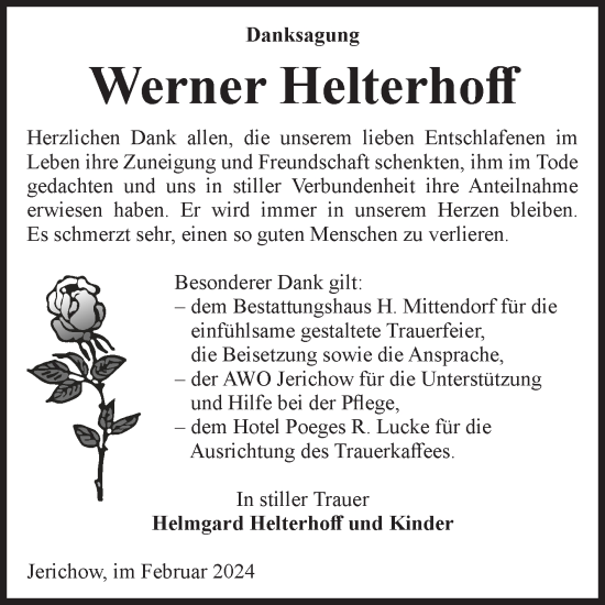 Traueranzeige von Werner Helterhoff von Volksstimme Burg/Genthin