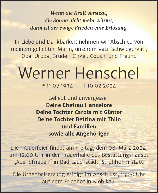 Traueranzeige von Werner Henschel von Trauerkombi Merseburg