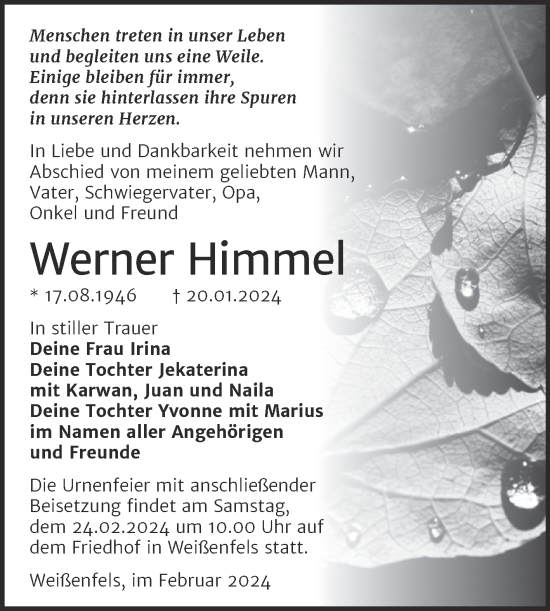 Traueranzeige von Werner Himmel von Super Sonntag Weißenfels