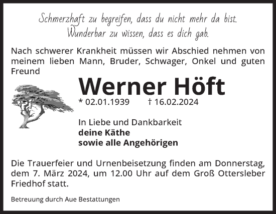 Traueranzeige von Werner Höft von Volksstimme Magdeburg