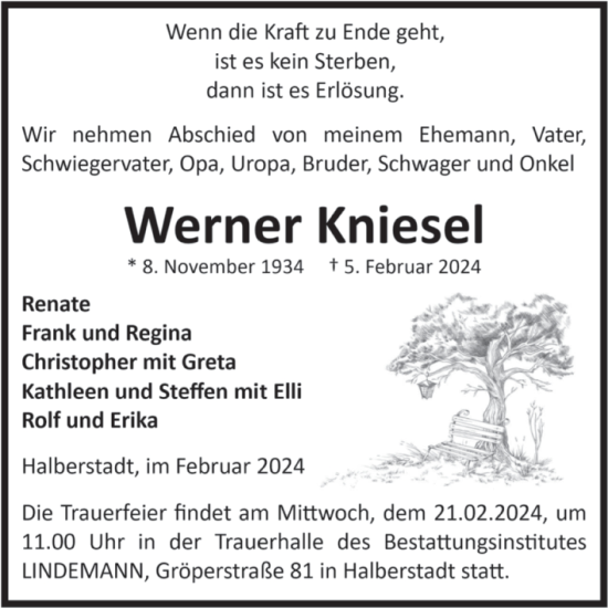 Traueranzeige von Werner Knieset von Volksstimme Halberstadt