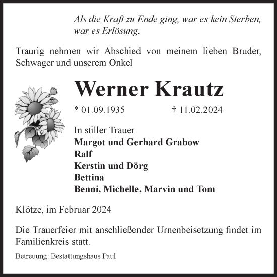 Traueranzeige von Werner Krautz von Volksstimme Altmark West