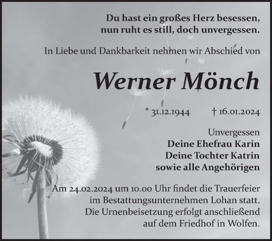 Traueranzeige von Werner Mönch von Trauerkombi Bitterfeld