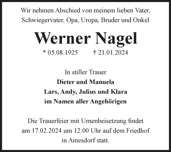 Traueranzeige von Werner Nagel 