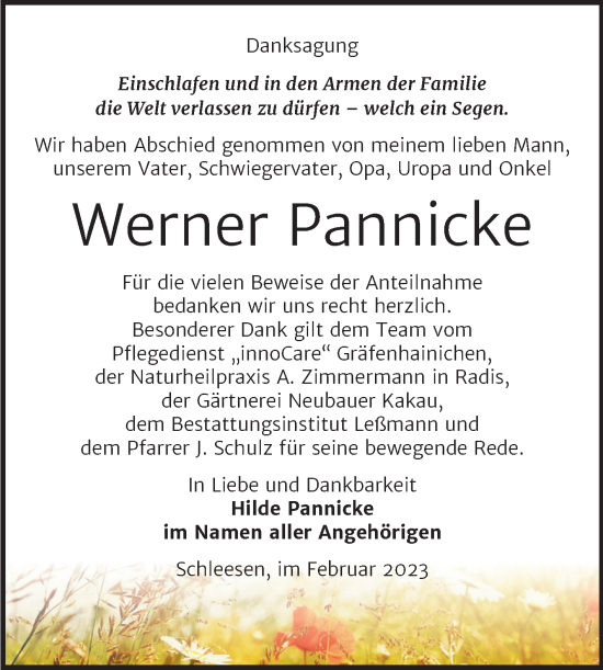 Traueranzeige von Werner Pannicke von Trauerkombi Wittenberg