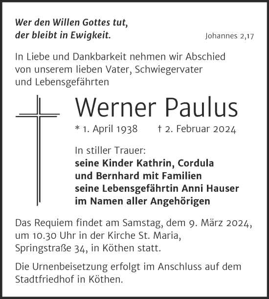 Traueranzeige von Werner Paulus von Mitteldeutsche Zeitung Halle/Saalkreis