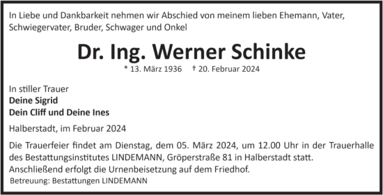 Traueranzeige von Werner Schinke von Volksstimme Halberstadt