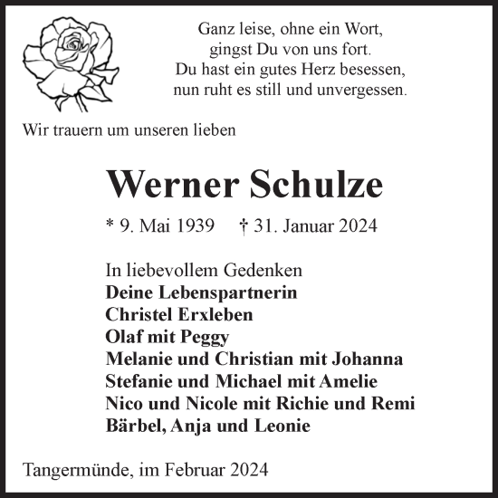 Traueranzeige von Werner Schulze von Volksstimme Altmark Ost