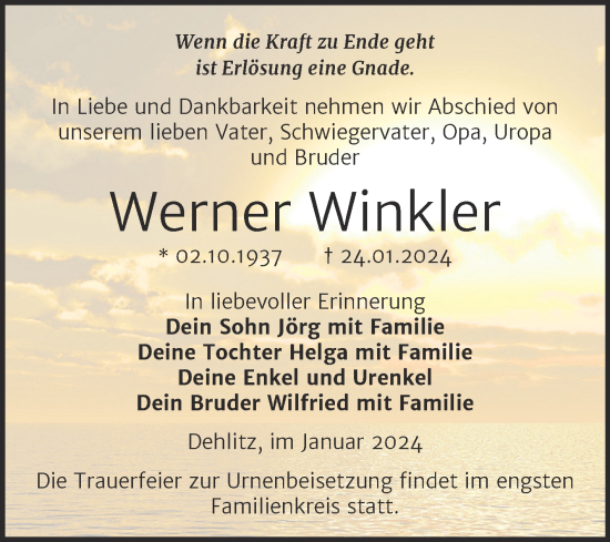 Traueranzeige von Werner Winkler von Trauerkombi Weißenfels