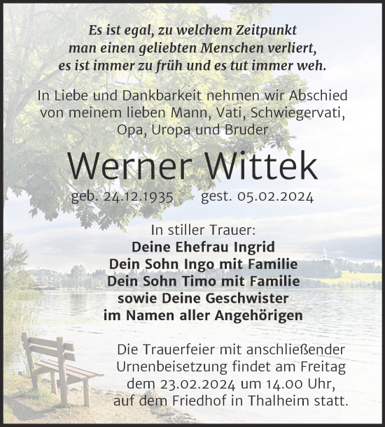 Traueranzeige von Werner Wittek von Trauerkombi Bitterfeld