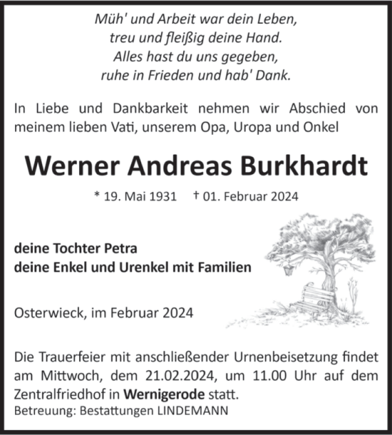 Traueranzeige von Werner Andreas Burkhardt von Volksstimme Halberstadt