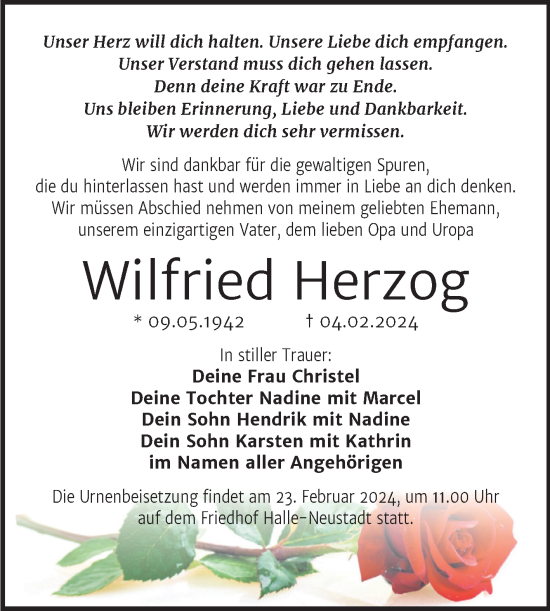 Traueranzeige von Wilfried Herzog von Mitteldeutsche Zeitung Halle/Saalkreis