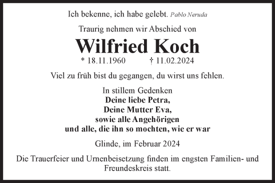 Traueranzeige von Wilfried Koch von Volksstimme Schönebeck