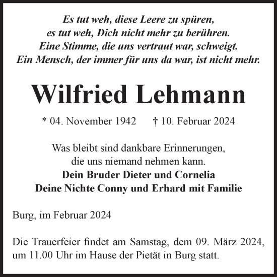 Traueranzeige von Wilfried Lehmann von Volksstimme Burg/Genthin