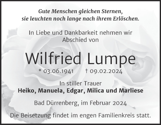 Traueranzeige von Wilfried Lumpe von Trauerkombi Merseburg