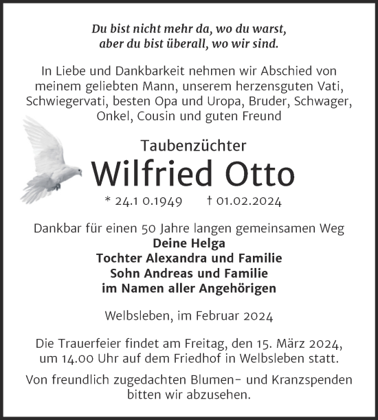 Traueranzeige von Wilfried Otto von Trauerkombi Mansfelder Land